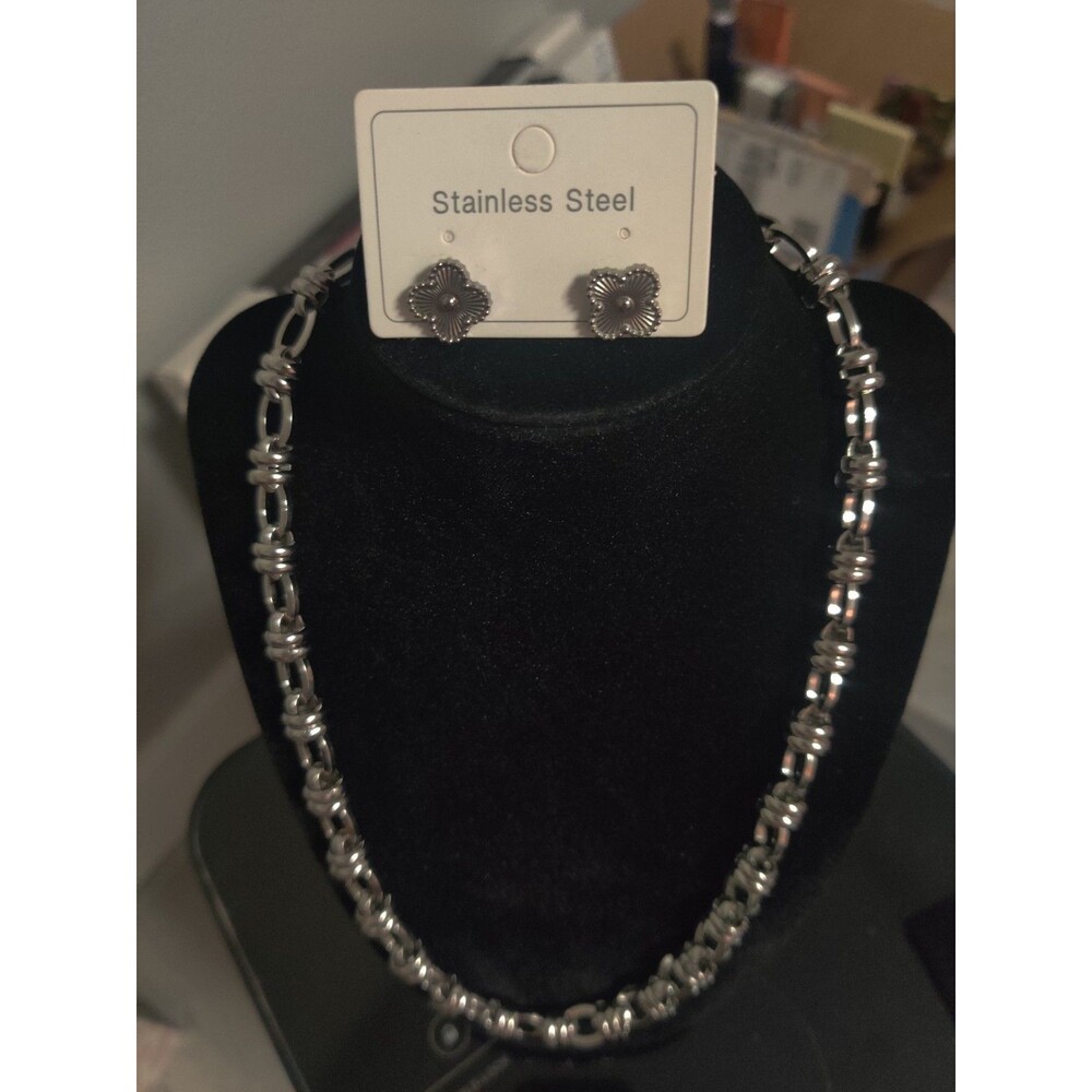 Silver Tone Stainless Steel Beaded Chain Necklace & Stud Earrings Set
